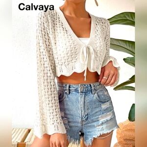 Crochet Tie Front Scallop Trim, Trumpet Sleeve Cropped Cardigan Boho Festival